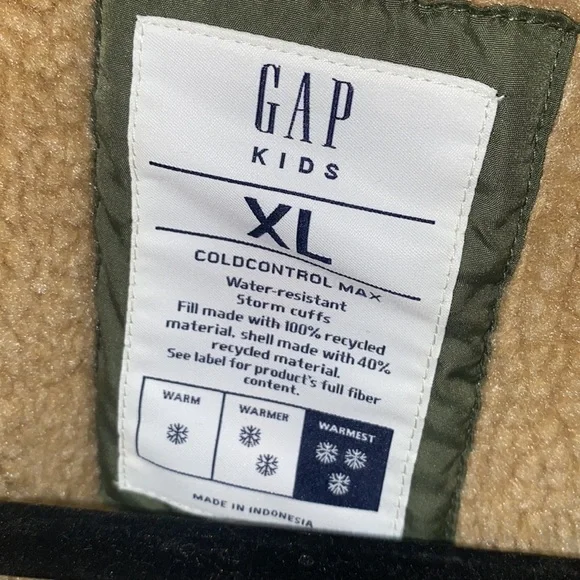 BOYS GAP KIDS COLD-CONTROL WATER RESISTANT OLIVE GREEN BOMBER JACKET SZ XL